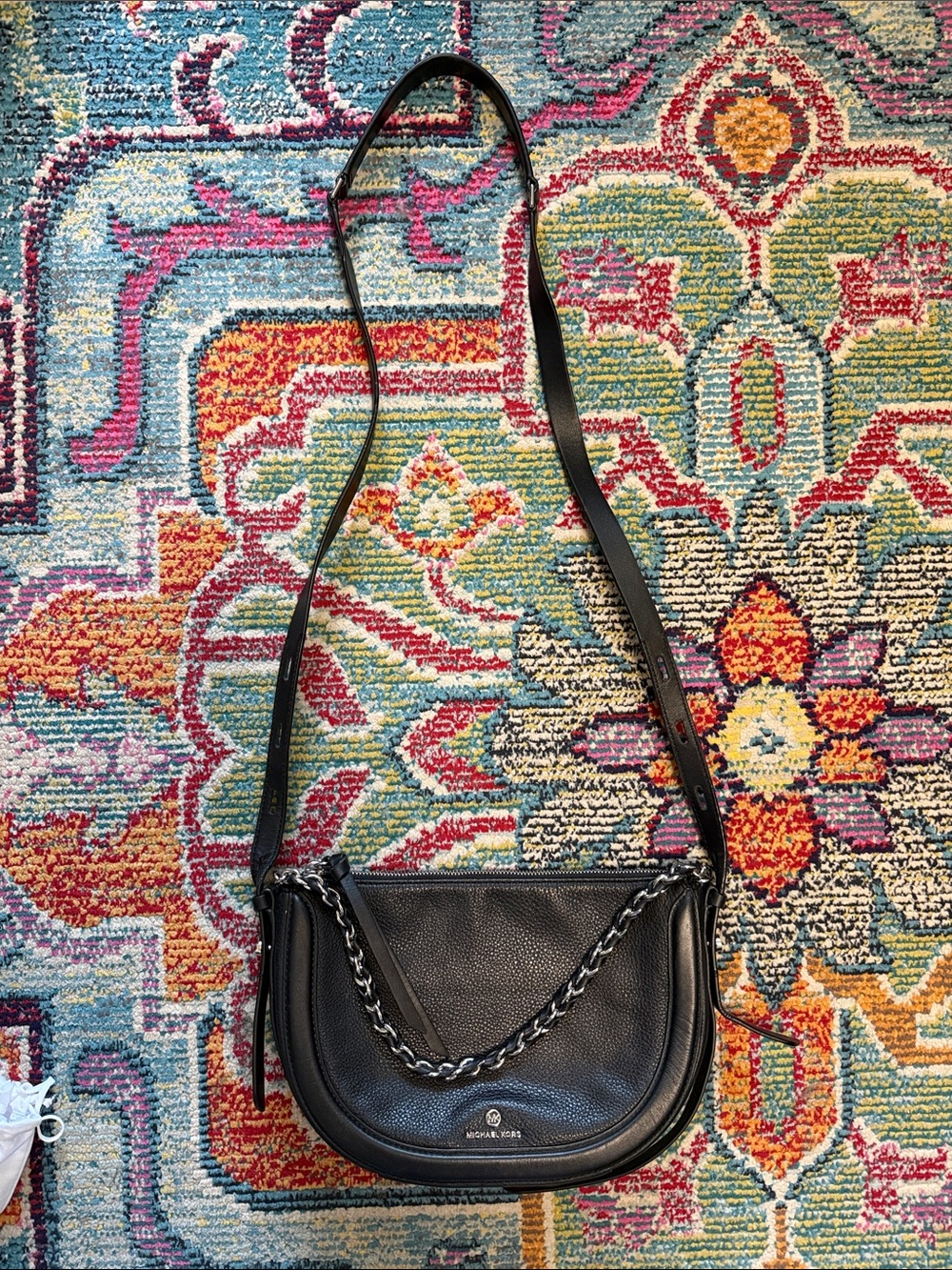 Michael Kors Black Pebbled Leather Crossbody with Chain Accent